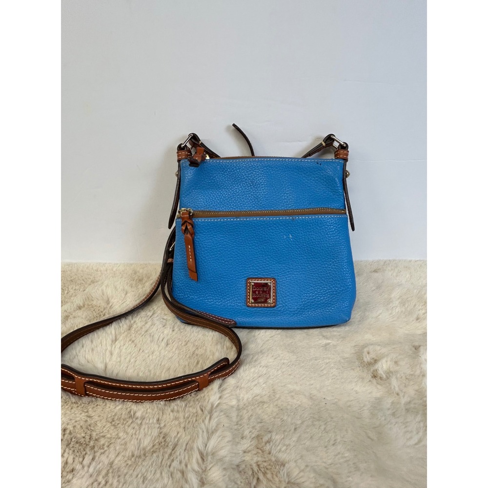 Dooney & Bourke Pebble Grain Leather Crossbody Bag Blue Tan Trim Square Zip